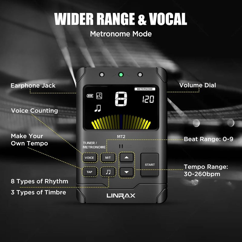 LINRAX MT2 Rechargeable Metronome Tuner, 3 in 1 Digital Metronome Tuner Tone Generator for Guitar Bass Ukulele Violin Saxophone Trumpet Clarinet Flute, Voice Beat, Chromatic Tuner for All Instruments - Image 4